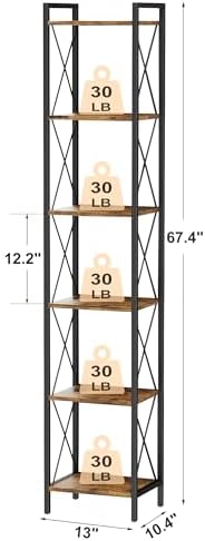 Homhedy 6 Tier Small Bookshelf, Tall Narrow Bookcase, Metal Book Shelf