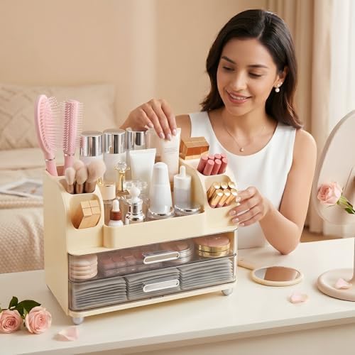 Makeup Organizer for Vanity with 2 Large Drawers and 6 Brush Holders, Cream