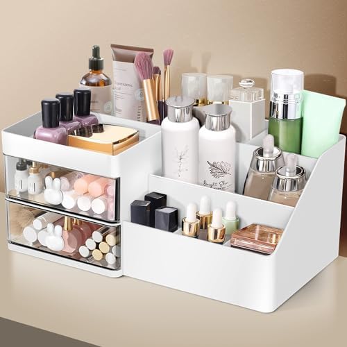 Makeup Organizer, Cosmetic Desk Storage Box with Drawers Skincare Organizers for Dressing Table, Countertop, Bathroom Co