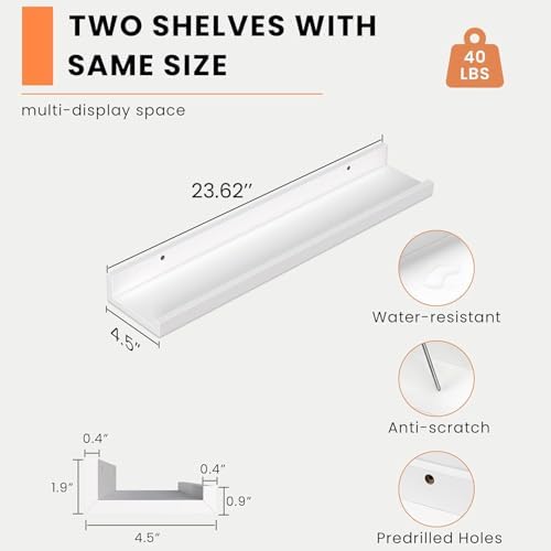 Heimlove Picture Ledge Shelf, Floating Shelves Set of 2, 24 Inches Picture Shelf for Wall with Ledge, Kids Bookshelf Wall Mounted for Living Room Bedroom Decor Books Photo Frames - White
