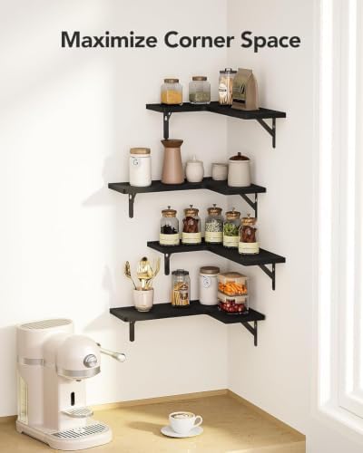 Amada Corner Floating Shelves, Paulownia Wood, Set of 4, Black
