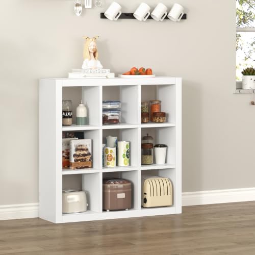 Bookshelf 9-Cube Storage Organizer Sturdy Wooden Bookcase Open Book Shelf, Multifunctional Cubicle Rack for Storages & D