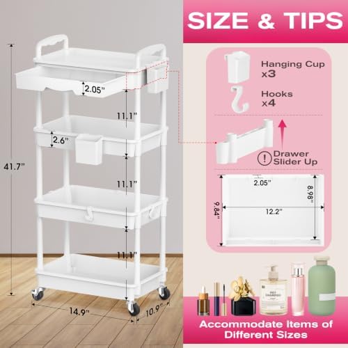 Goovilla Rolling Makeup Organizer Cart with Removable Drawer, 4 Tier White