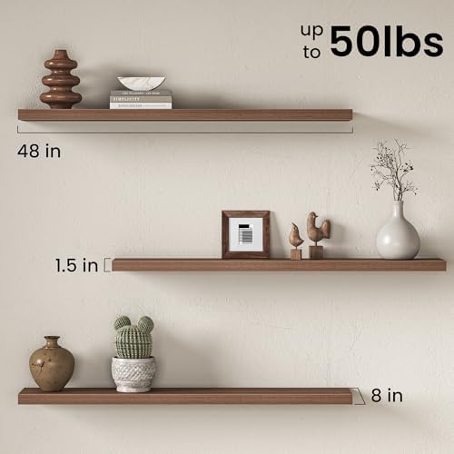 48" Floating Shelves for Wall, Set of 2, 8" Deep, 1.5" Thick, Walnut Finish