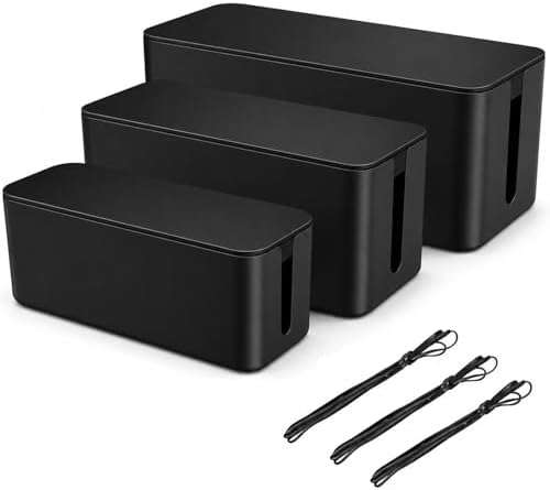 [Set of 3] 3 Cable Management Boxes + 3 Wire Ties, Large Cord Box Organizers to Hold and Hide Power Strip Charger Adapte