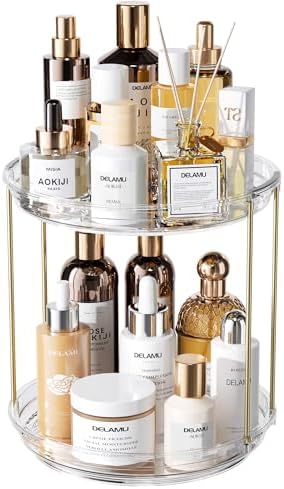 Delamu Rotating Makeup Organizer for Vanity, 2 Tier Bathroom Counter Organizer with Stackable Design, Spinning Skincare 