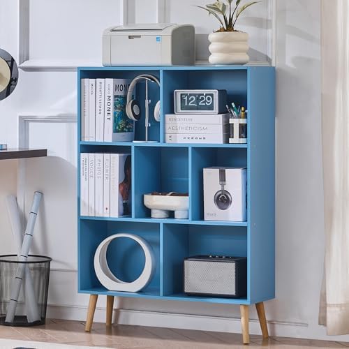 LEYAOYAO Cube Bookshelf, Mid-Century Modern Book Shelf with Legs, Blue