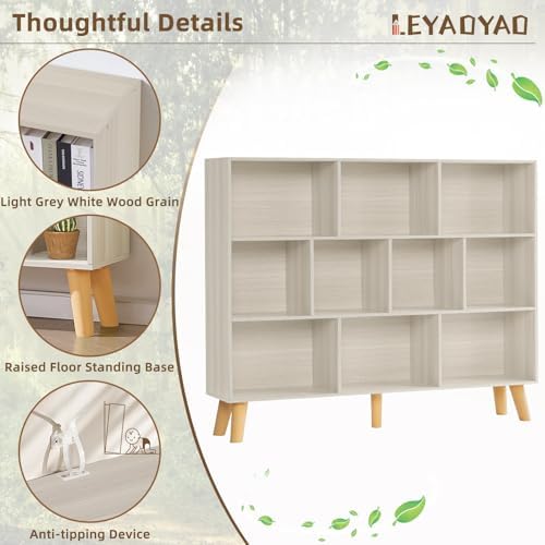 LEYAOYAO 10 Cube Bookshelf,Mid-Century Modern Bookcase with Legs,Light Grey