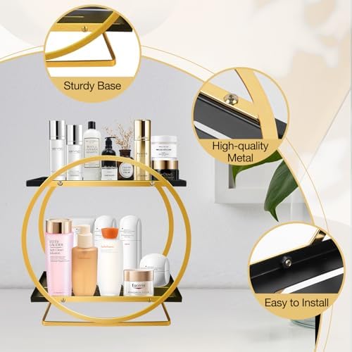 Perfume Organizer for Women, 2 Tier Black Gold Perfume Organizer for Dresser, Makeup Organizer for women, Kincare Storag