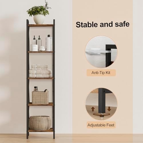 Homhedy 5 Tier Small Bookshelf, Tall Narrow Bookcase, Metal Book Shelf
