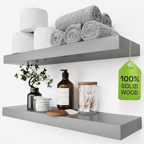 Solid Wood Floating Shelves for Wall 24 inch Grey, Wooden Bathroom Shelf