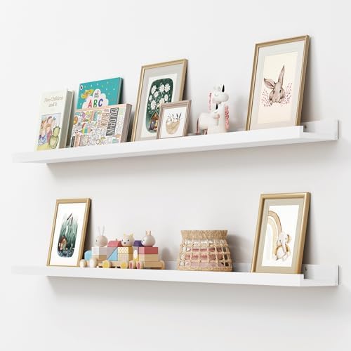 FLYJOE Picture Ledge Shelf, Floating Shelves Set of 2, Solid Pine Wood 55'' Long Large Nursery Book Shelves for Toys Storage, Kids Bookshelf for Living Room Bedroom Decor Books Photo Frames, White