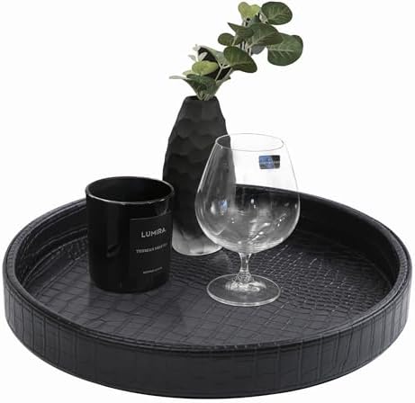 HofferRuffer Faux Leather Round Serving Tray, Vegan Croco Leather Decorative Tray, Food Tray for Storage Drinks, Snack &