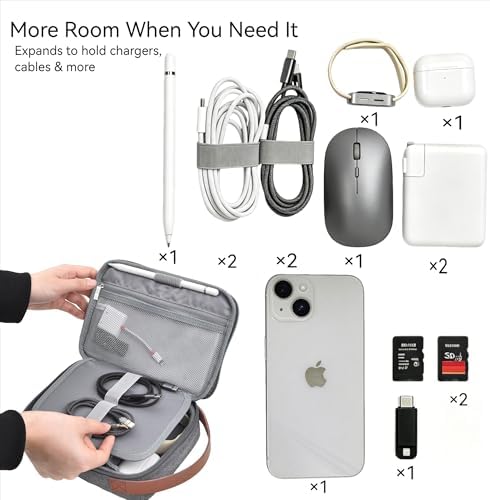 Tech Pouch 8.3" Cable Organizer, Leather Handle, EDC Bag for Travel & Cords