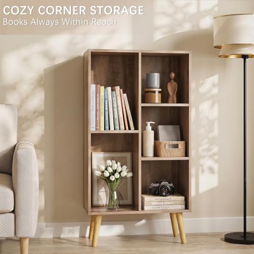 YAHARBO Small Yellow Narrow Bookshelf,4 Tier Modern Bookcase with Legs,Bookshelves Wood Storage Shelf,Rustic Book Shelve