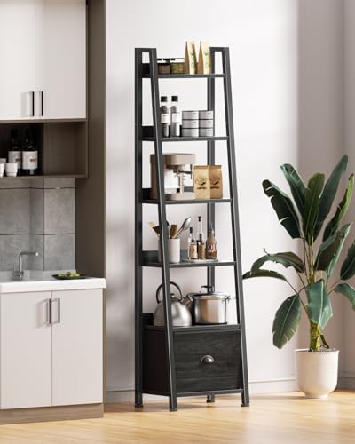 Furologee 6 Tier Ladder Shelf,Ladder Bookshelf with Drawer,Industrial Tall Bookcase,Storage Rack Organizer,Wood Metal Fr