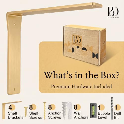 4 Pack Heavy Duty Brass Shelf Brackets 10 Inch by Balin Designs – Decorative L Bracket for Shelves, Metal Shelf Support 