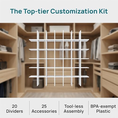 20 PCS Drawer Divider with 25 Accessories, Adjustable Drawer Organizer Inserts, 12.6" x 2.76" x 0.08" White Drawer Plast