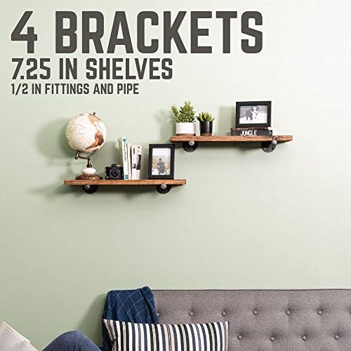 PIPE DECOR Industrial Pipe Shelf Brackets, 8 Inch, 4 Pack – Wall Mounted Double Flange Floating Shelf Brackets, Rustic V