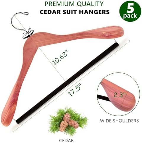 Amber Home 5 Pack Cedar Wood Suit Coat Hangers with Extra Wide Shoulder