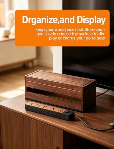 Wood Cable Management Box, Wire Organizer & Cable Hider Box with Lid, Power Strip Protector Boxs for Desk, Floor, Home, 