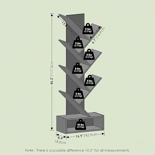 Ipoh Tree Book Shelf, 7-Tier Tree Bookcase, with Bottom Shelf & Bin Drawer, for Narrow Space, Books, CDs, Magazines, Rus