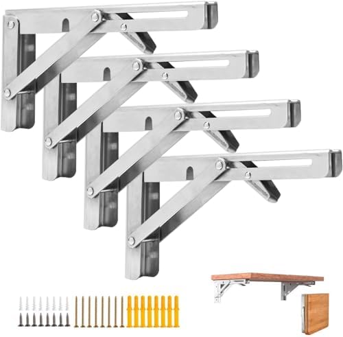4PCS 14" Folding Shelf Brackets, Shelf Brackets Max. Load 220 lb Collapsible Heavy Duty Stainless Steel DIY Wall Mounted