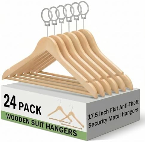 24 Pack Hotel Suit Hangers 17.5" Anti-Theft Security Hangers, Natural Wood