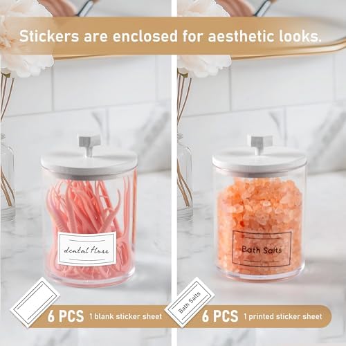 Tektalk 6 Pack Acrylic Qtip Holder Dispenser with Bamboo Lids & Vanity Tray, for Cotton Swabs, Balls, Pads, Floss Picks,