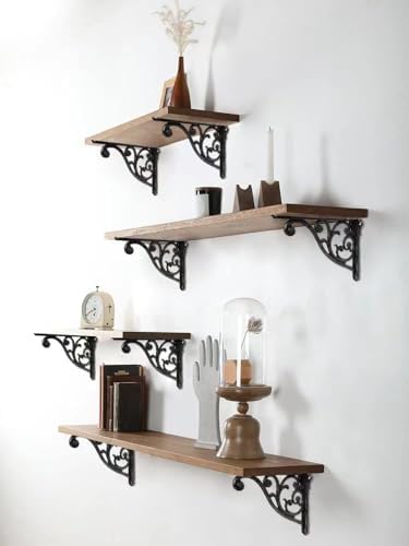 Khtumeware Ornate Decorative Shelf Brackets, 12 inch Big wall Mounted Shelving Bracket, 4 Pack Black Iron Vintage Metal 