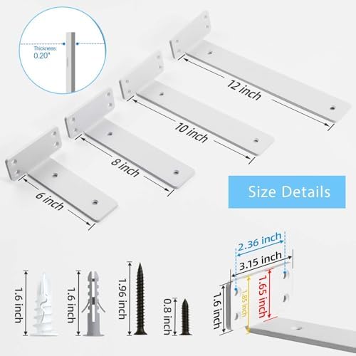 Shelf Brackets, Heavy Duty Floating Shelf Brackets 8-Inch Long, 6-Pack Brackets for Shelves, Matte White L Hidden Metal 