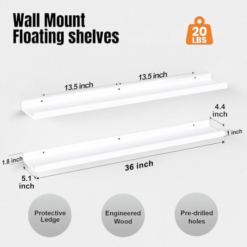 36inch Long Floating Shelves for Wall Decor, 3-Set Shelves with Lip, White