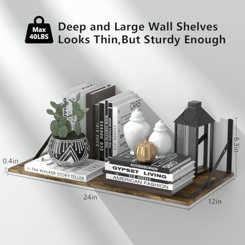 Deep Floating Shelves for Wall Set of 3, 24W x 12 Inch Deep Floating Shelves, Wide Floating Wall Mounted Shelves for Liv
