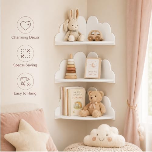 Cloud Corner Floating Shelves, Set of 3 Wall Mounted Shelves, White