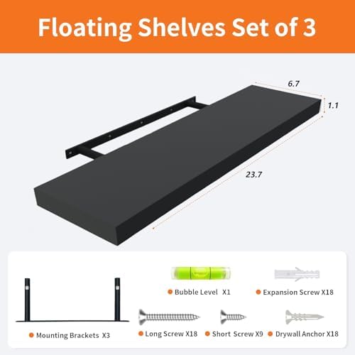 Floating Shelves for Wall Set of 3, 24" Black Wall Shelves for Home Decor