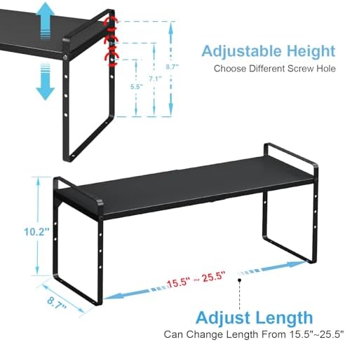 15.5 to 25.5 Inch Kitchen Cabinet Shelf Organizers, Adjustable Kitchen Counter Shelf Organizer, Set of 4 Expandable Coun
