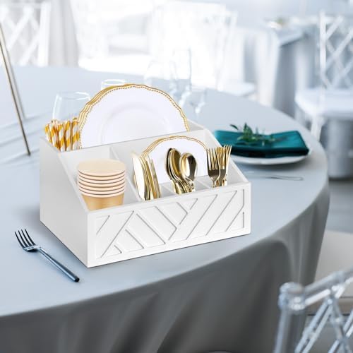 Ukonvi Paper Plate Dispenser, Paper Plate Holder for Kitchen Counter, Wood Rustic Silverware Utensil Caddy, Cutlery Flat