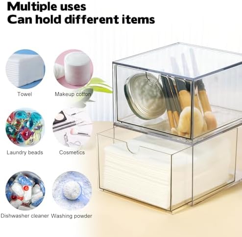 Rainmae 2 Pack Disposable Face Towel Holder, Face Towel Storage Box, Stackable Clear Makeup Organizer with Drawer for Cl