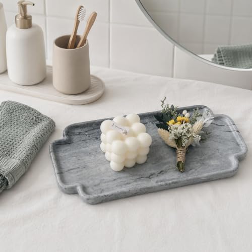 Natural Marble Scalloped Tray 12in Solid Stone Vanity Organizer