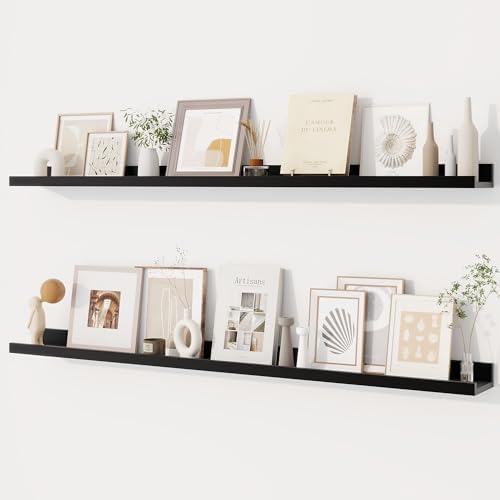 Dreamland Picture Ledge Shelf for Wall, Floating Shelves Set of 2, 48 Inch Long Floating Shelves with Lip for Living Room, Bedroom, Bathroom, Kitchen, Black