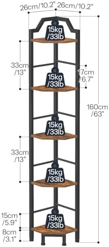 HOOBRO Narrow Corner Shelf Stand, 5-Tier Corner Shelf, 63” Tall Multipurpose Corner Bookshelf, Standing Display Shelf Pl