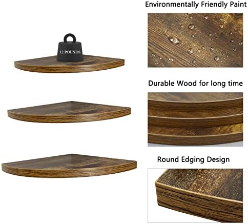WIFTREY Wall Mount Floating Corner Shelves Set of 3, Hanging Rustic Wall Storage Corner Shelf for Bedroom, Living Room, 