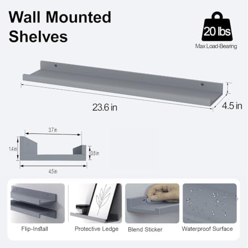 Grey Floating Shelves for Wall Decor, 24 in Shelf with Lip Set of 2