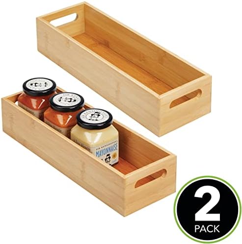 mDesign Set of 2 Kitchen Storage Box – Open-Top Bamboo Storage Tray with Handles – Ideal for Use as a Cupboard Organiser
