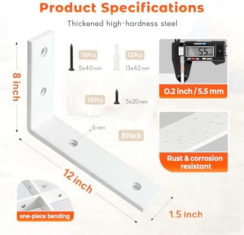 Shelf Bracket 6 Pack 12" Lx8 H 5mm Thick Heavy Duty White L Brackets