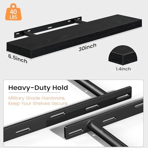 30 Inch Floating Shelves for Wall, Rustic Wood Wall Mounted Deep Storage Shelves with Invisible Brackets, Large Decorati