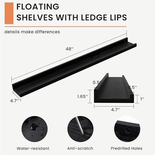 FLYJOE Picture Ledge Shelf, Floating Shelves Set of 2, Solid Ash Wood 48'' Long Large Nursery Book Shelves for Toys Storage, Kids Bookshelf for Living Room Bedroom Decor Books Photo Frames, Black