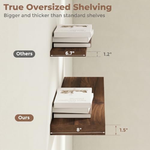 8 inch Deep Floating Shelves for Wall, 72" Wide, Walnut Finish, 2-Pack
