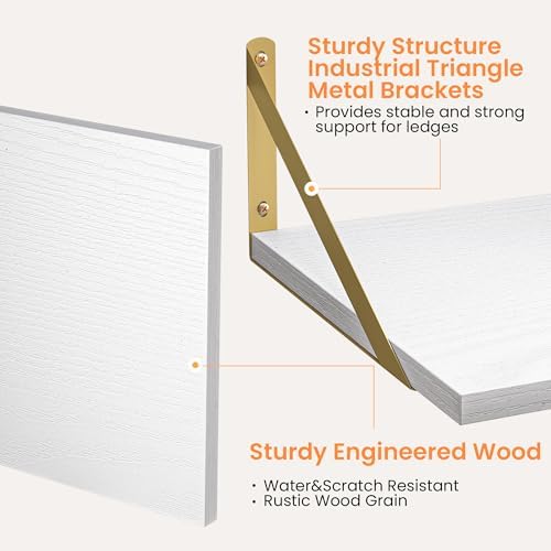 Heimlove 16W x 12D Deep Floating Shelves Set of 2 White & Gold