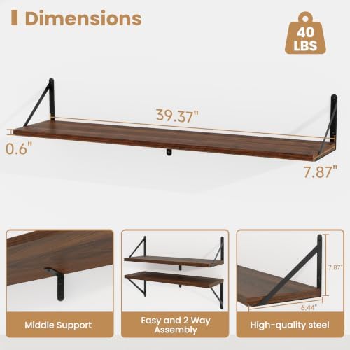 Heimlove Floating Book Shelves for Wall,39.37Inches Long Wall Mounted Bookshelves,Heavy Duty Bracket Shelves for Living 